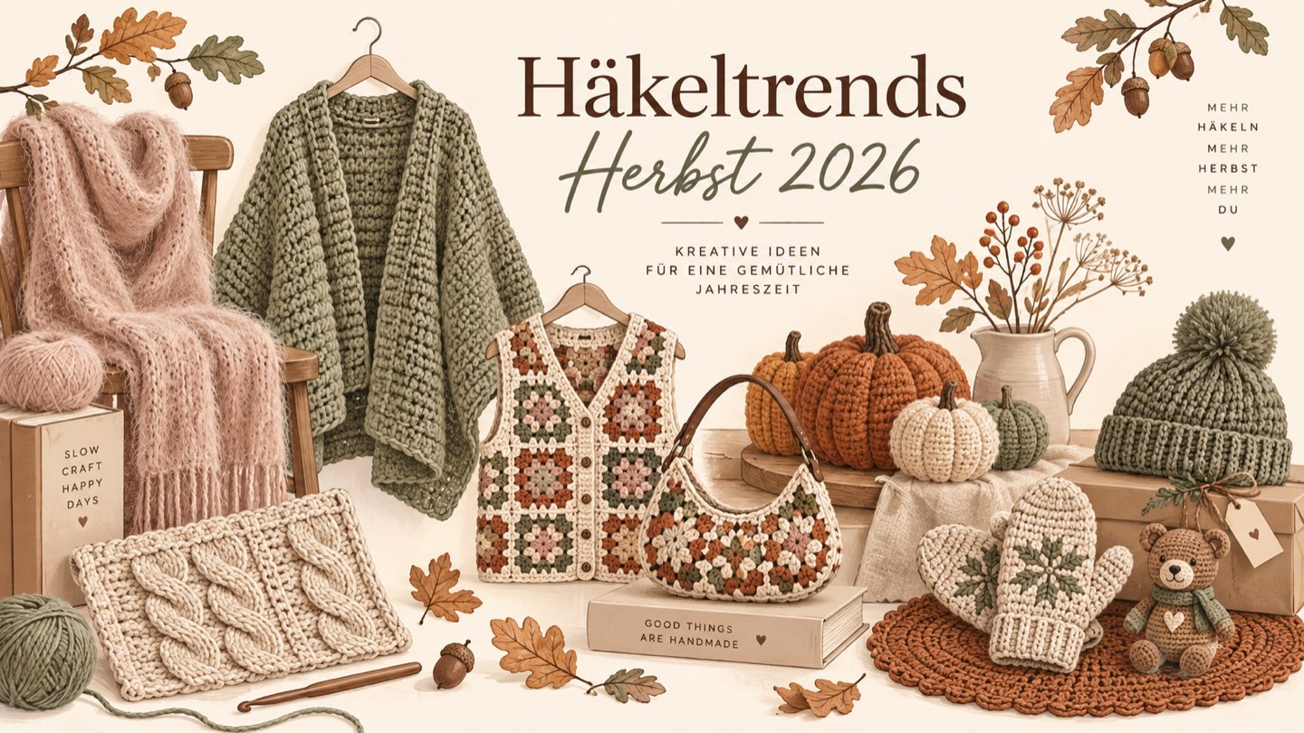 Häkeltrends Herbst 2026: Mohair-Schal, Oversize-Cardigan, Granny-Square-Weste und -Tasche, gehäkelte Kürbisse und Mütze