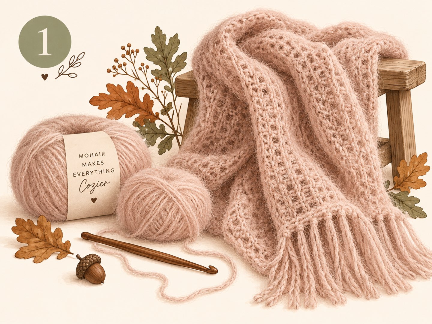 Gehäkelter rosa Mohair-Schal mit Fransen und zwei Knäuel Mohairgarn