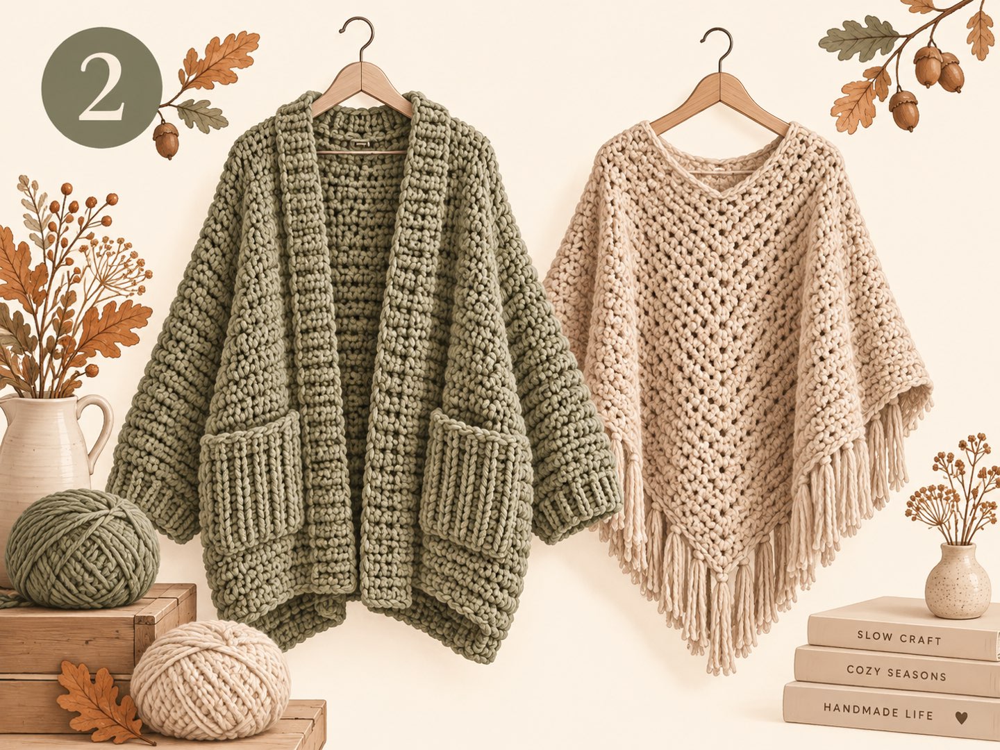 Salbeigrüner gehäkelter Oversize-Cardigan mit Taschen und cremefarbener Häkel-Poncho mit Fransen auf Kleiderbügeln