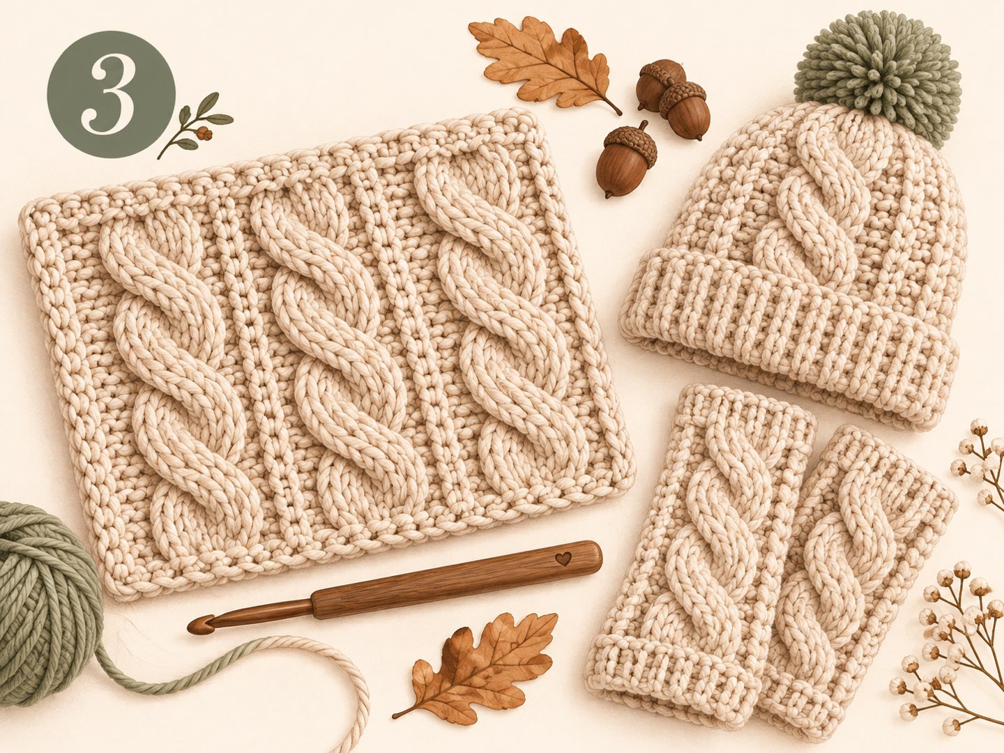 Gehäkeltes Zopfmuster-Stück, Mütze mit grünem Bommel und Pulswärmer in Beige