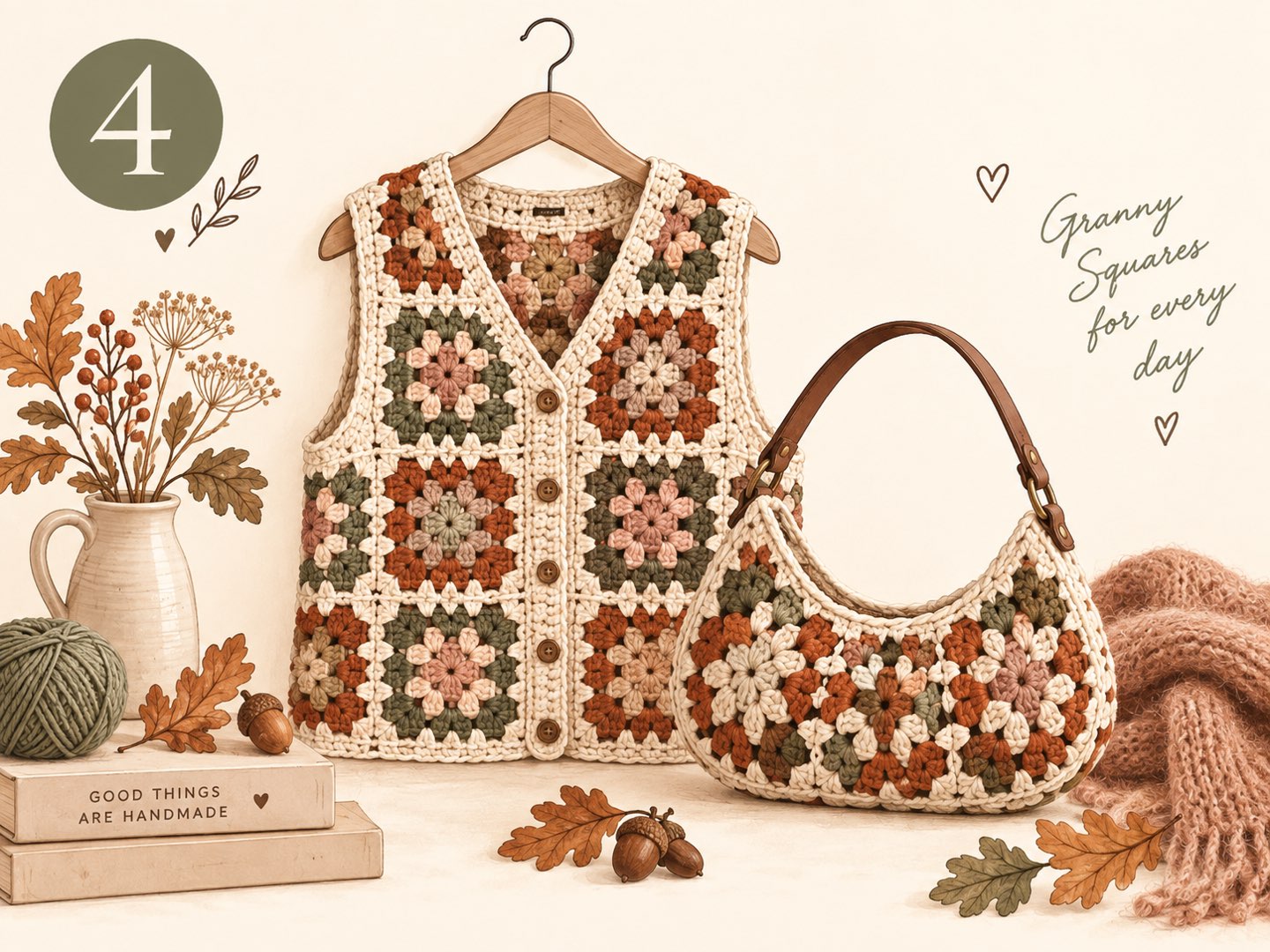 Granny-Square-Weste und Halbmond-Tasche aus Granny Squares in Creme, Rostrot, Salbeigrün und Rosa