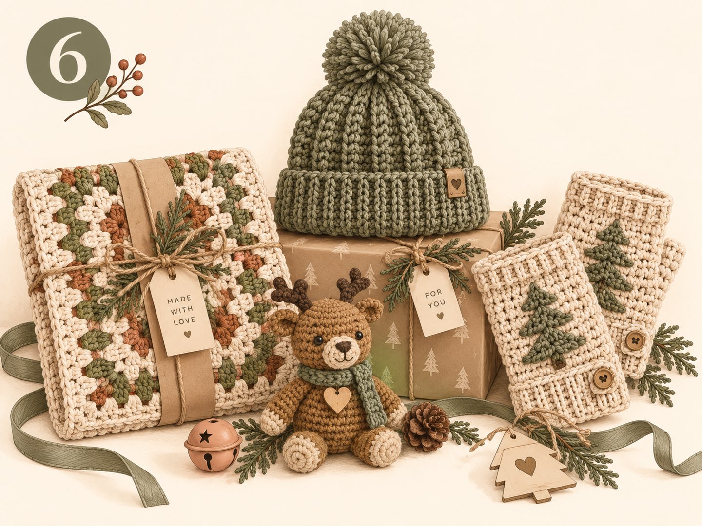 Gehäkelte Weihnachtsgeschenke: Granny-Stitch-Decke, grüne Bommelmütze, Stulpen mit Tannenbaum und Amigurumi-Rentier
