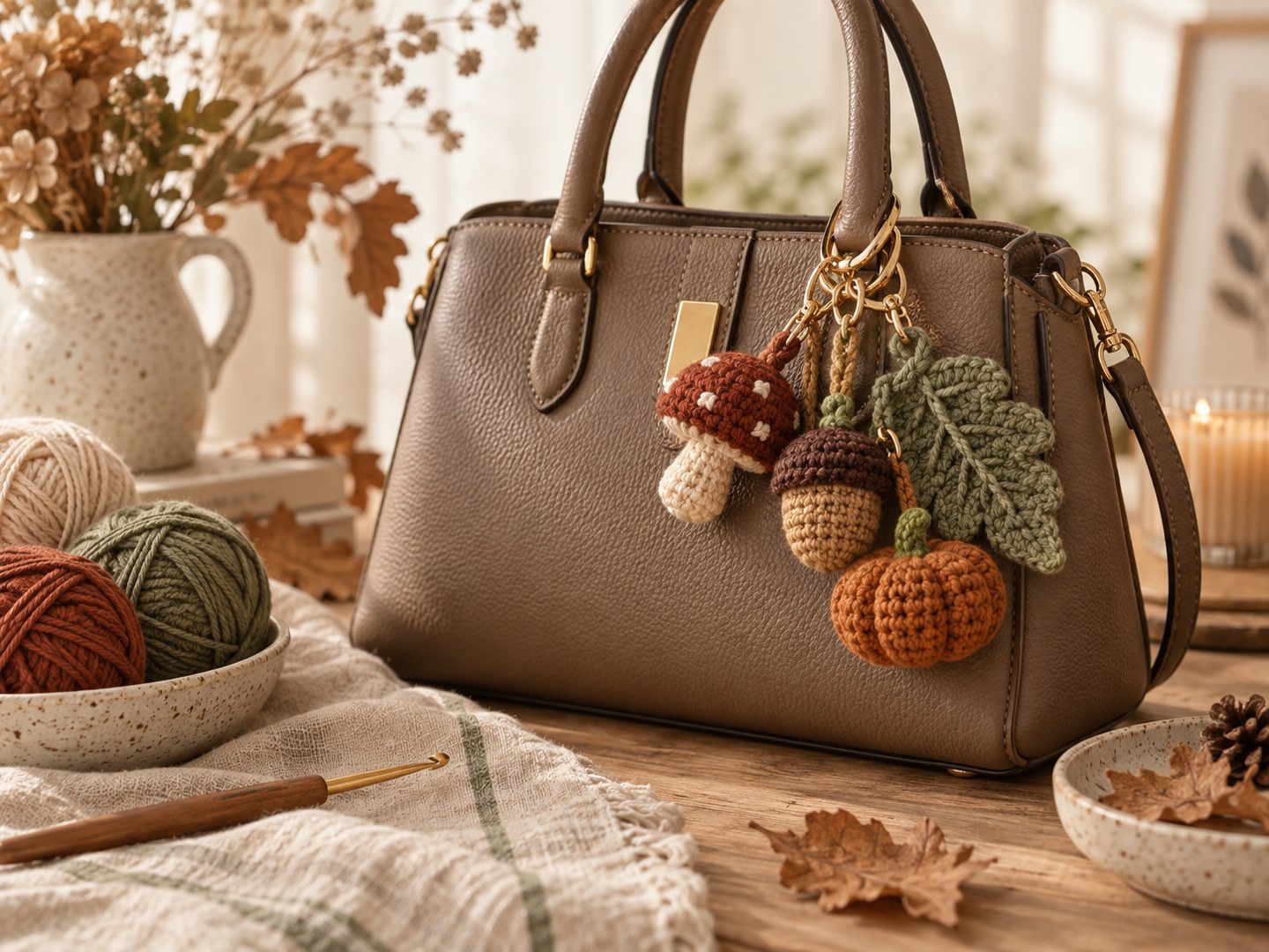 Braune Handtasche mit gehäkelten Herbst-Anhängern: Pilz, Eichel, Eichenblatt und Mini-Kürbis